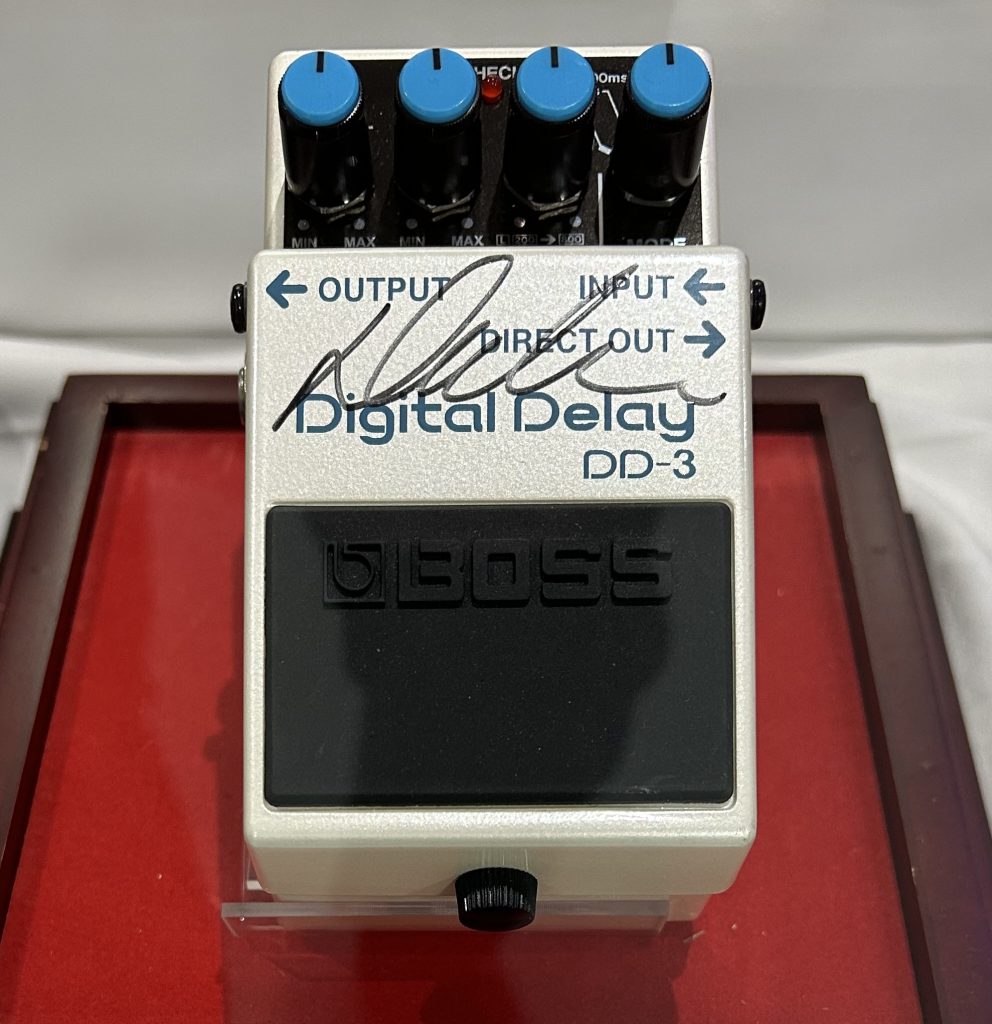 BOSS DD-3 Digital Delay signed by Dave Navarro pictured at the BOSS headquarters in Hamamatsu, Japan.