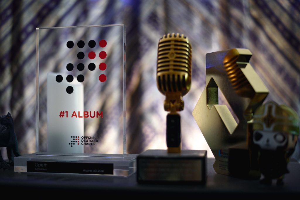 A selection of music awards belonging to producer Tom Dalgety