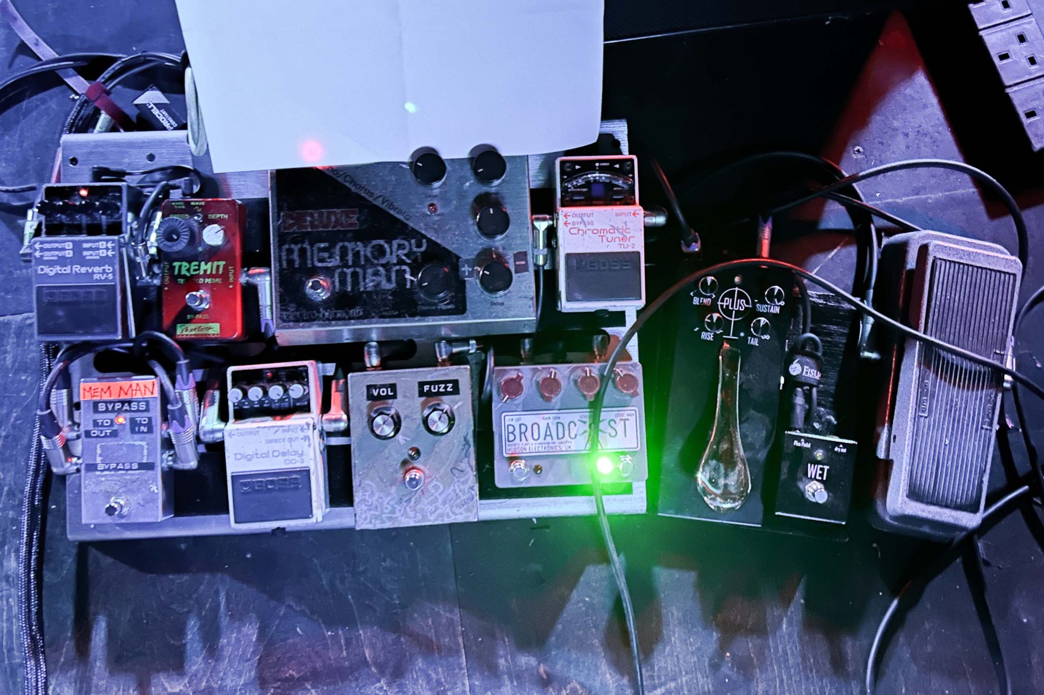 Guitarist Adrian Utley's pedalboard pictured at 137's gig on 29th July, 2024 at Exchange, Bristol.