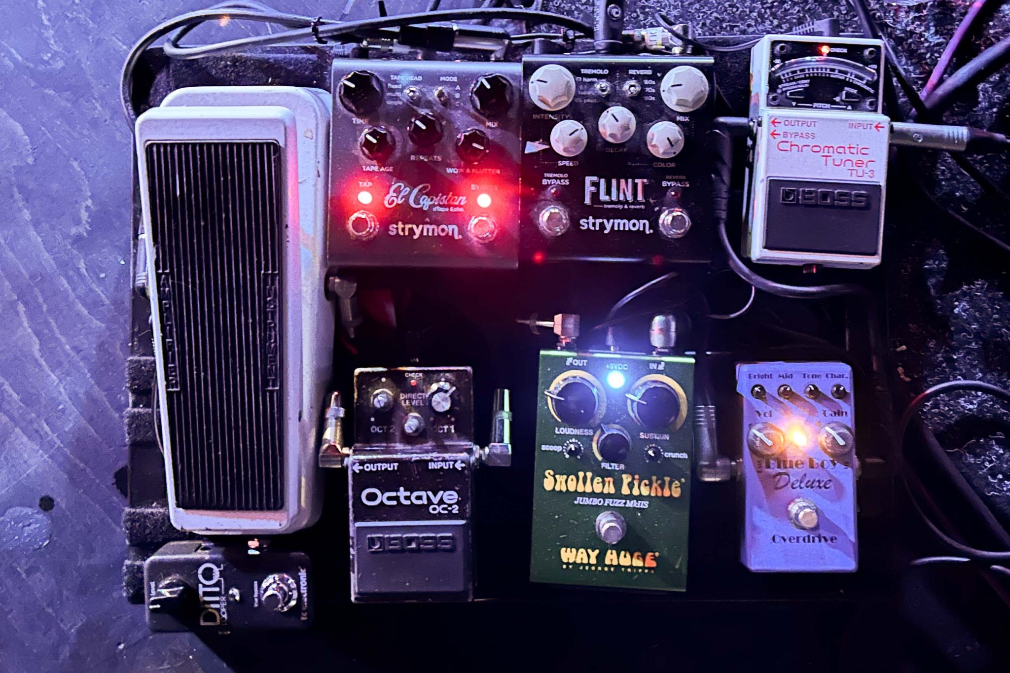 Bassist Jim Barr's pedalboard pictured at 137's gig on 29th July, 2024 at Exchange, Bristol.