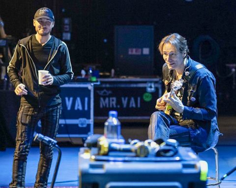 Steve Vai and his guitar tech, Doug MacArthur, soundcheck during the 2024 BEAT tour