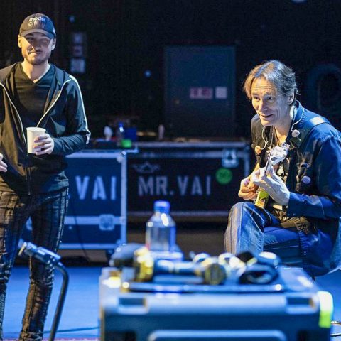 Steve Vai and his guitar tech, Doug MacArthur, soundcheck during the 2024 BEAT tour