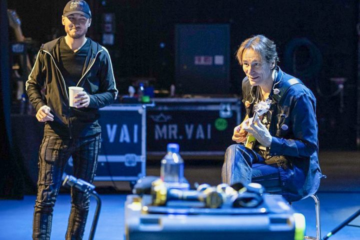 Steve Vai and his guitar tech, Doug MacArthur, soundcheck during the 2024 BEAT tour