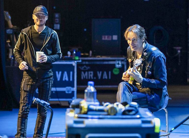 Steve Vai and his guitar tech, Doug MacArthur, soundcheck during the 2024 BEAT tour