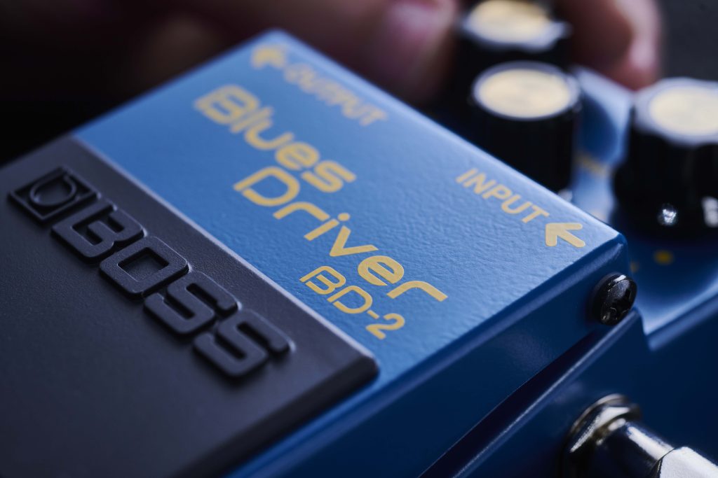 Close-up of a BOSS BD-2 Blues Driver showing model name/designation