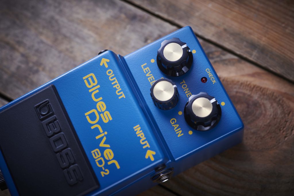 Close-up of BOSS BD-2 Blues Driver showing controls and model name/designation