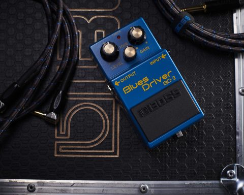 BOSS BD-2 Blues Driver atop a flight case with cable