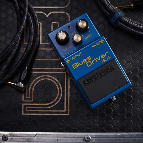 BOSS BD-2 Blues Driver atop a flight case with cable