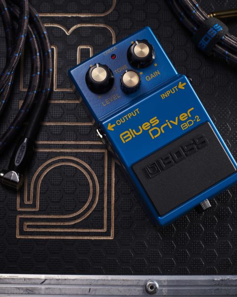 BOSS BD-2 Blues Driver atop a flight case with cable