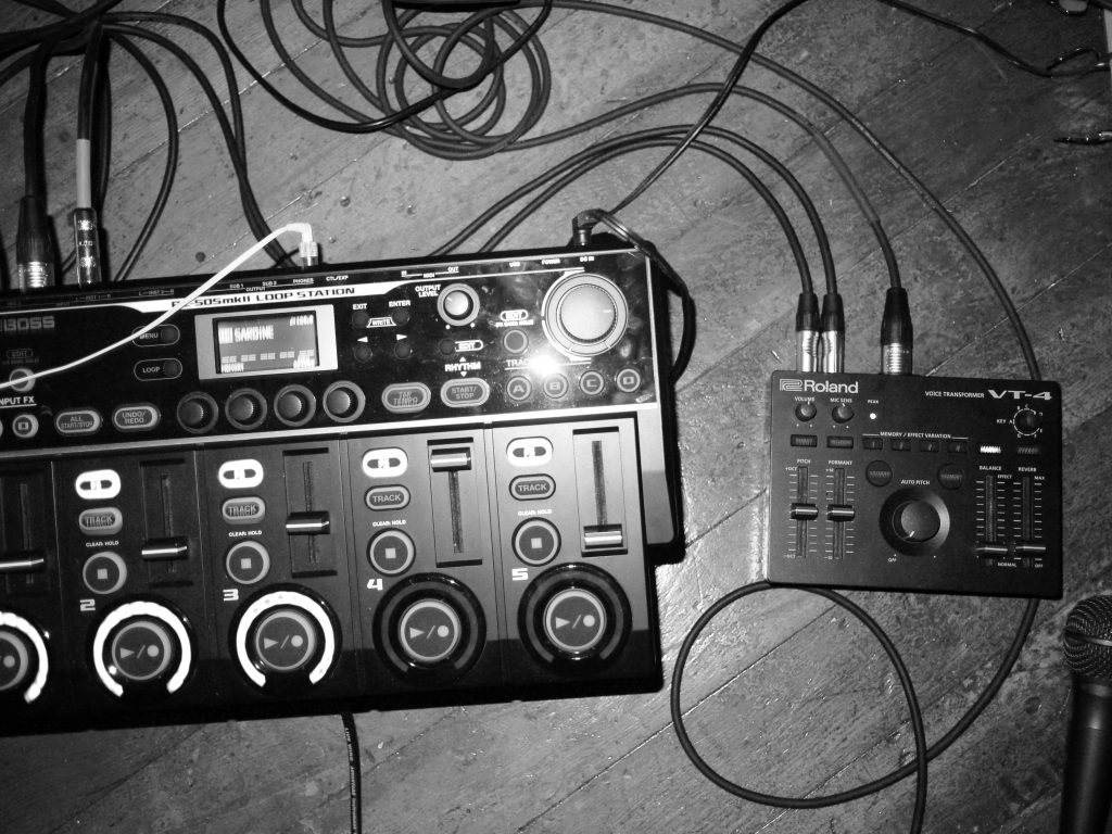 Oxis' rig comprising the BOSS RC-505mkII Loop Station and Roland VT-4 Voice Transformer