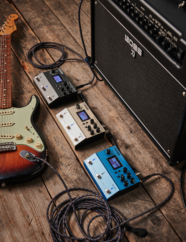 BOSS 500-series pedals including the. MD-500 Modulation, DD-500 Digital Delay, and RV-500 Reverb.