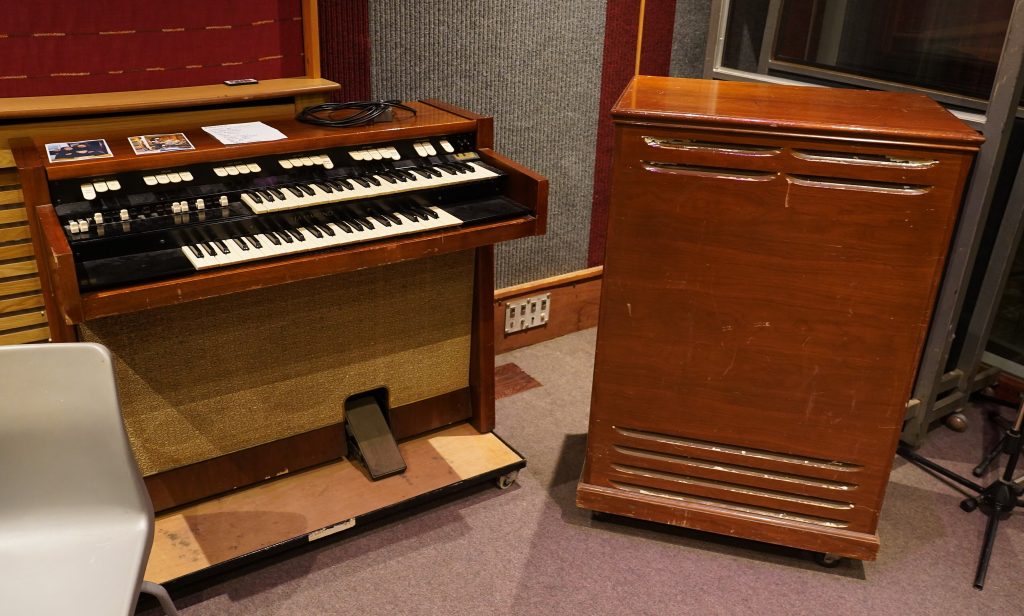 Hammond organ and Leslie speaker pictured at Rockfield Studios near Monmouth, Wales.