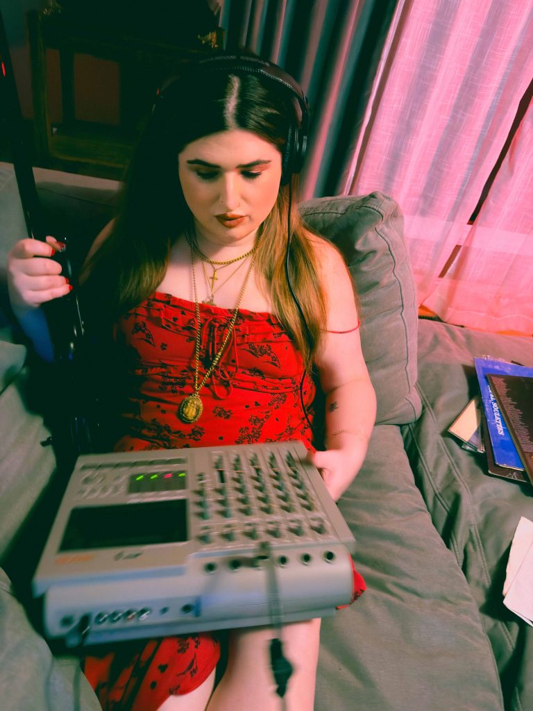 Ella Feingold with Tascam Portastudio 424 4-track recorder