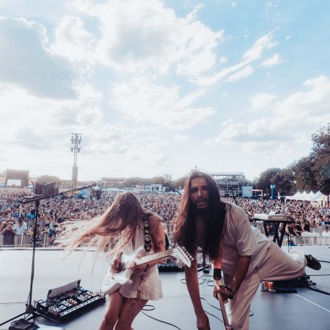 Wet Leg (L-R: Rhian Teasdale, Hester Chambers, and Joshua Mobaraki) perform Austin City Limits Music Festival, October 2025