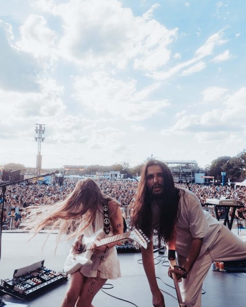 Wet Leg (L-R: Rhian Teasdale, Hester Chambers, and Joshua Mobaraki) perform Austin City Limits Music Festival, October 2025