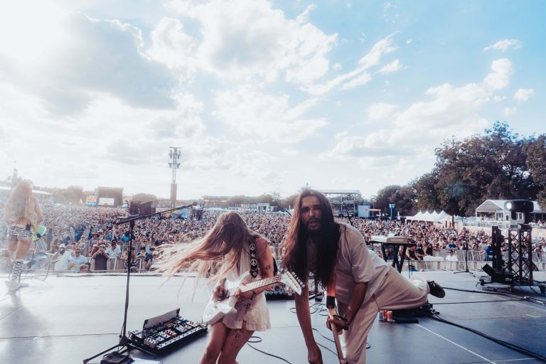 Wet Leg (L-R: Rhian Teasdale, Hester Chambers, and Joshua Mobaraki) perform Austin City Limits Music Festival, October 2025