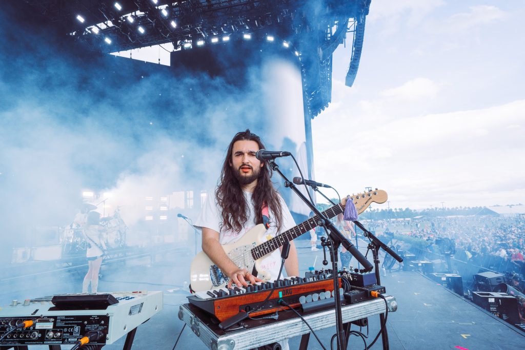Wet Leg guitarist and keyboardist Joshua Mobaraki performs at Coachella Valley Music and Arts Festival, April 2026