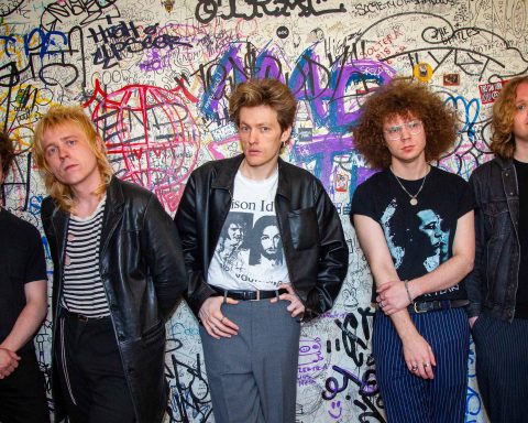 Brigitte Calls Me Baby (L-R): drummer Jeremy Benshish, guitarist Jack Fluegel, singer Wes Leavins, bassist Devin Wessels, and touring guitarist Dylan Barnett. pictured at Lodge Room, Los Angeles, April 30, 2026
