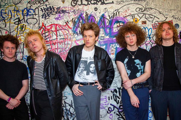 Brigitte Calls Me Baby (L-R): drummer Jeremy Benshish, guitarist Jack Fluegel, singer Wes Leavins, bassist Devin Wessels, and touring guitarist Dylan Barnett. pictured at Lodge Room, Los Angeles, April 30, 2026