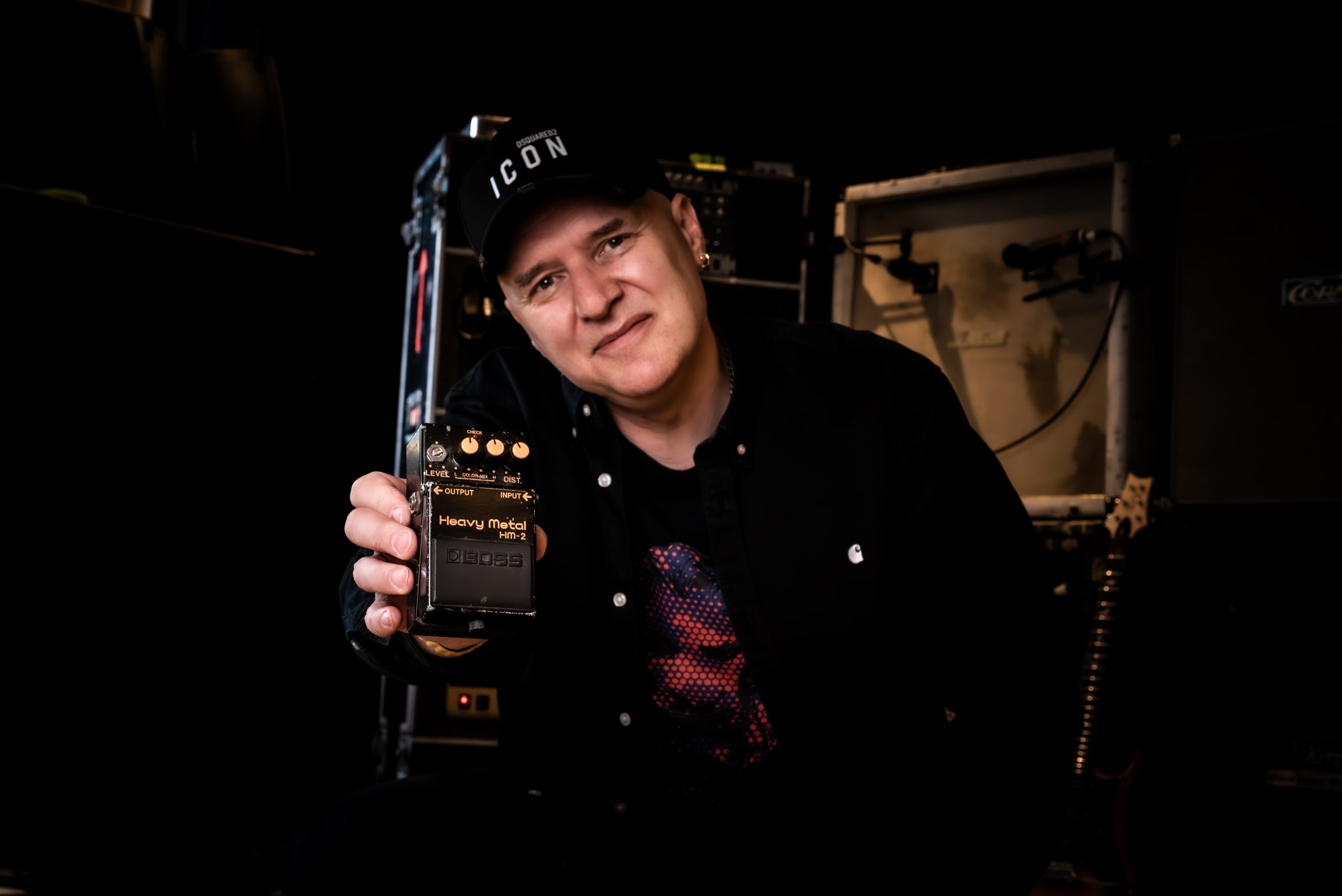 Skunk Anansie guitarist Ace holding his BOSS HM-2 Heavy Metal