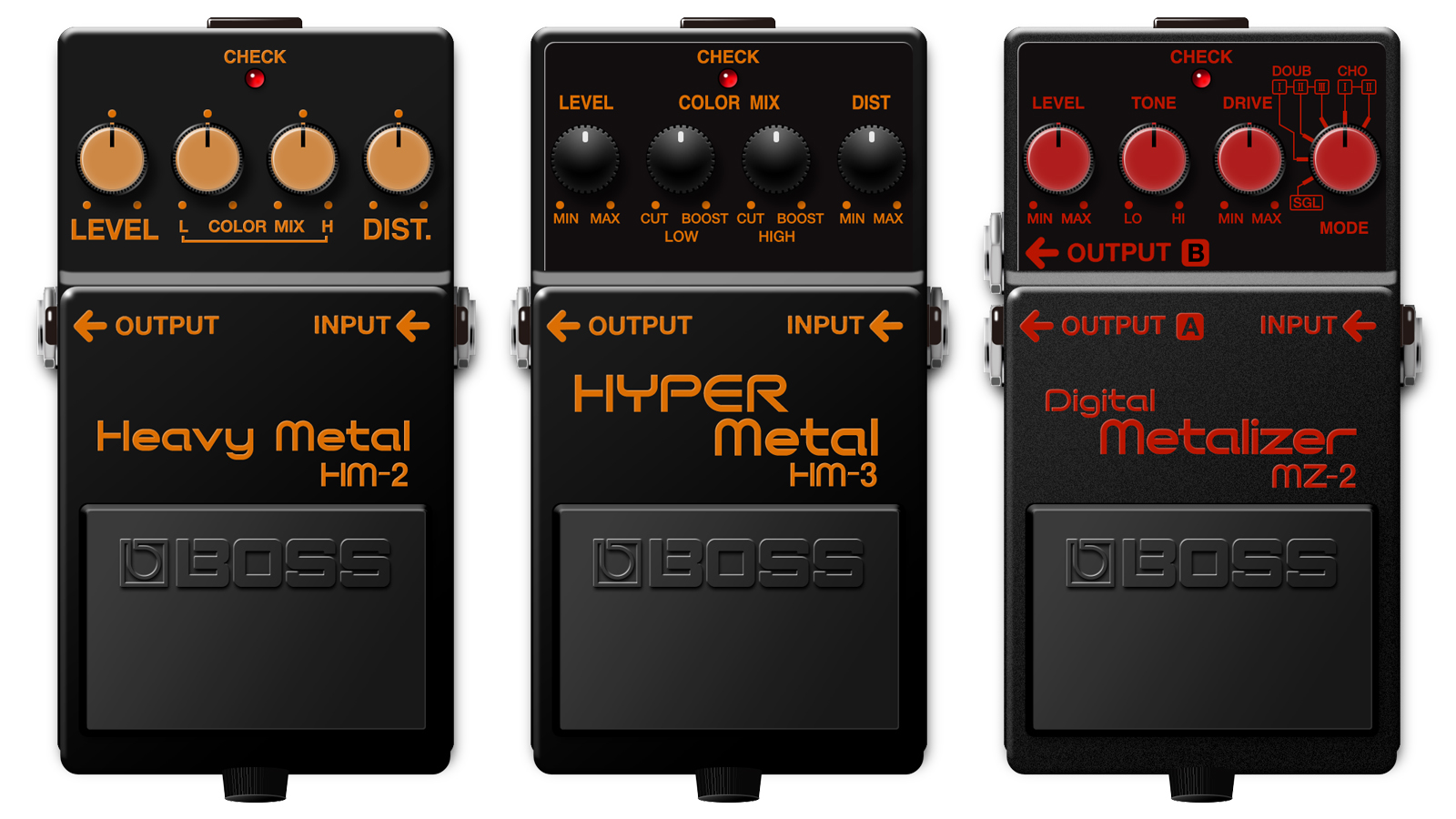 BOSS HM-2 Heavy Metal, HM-3 HYPER Metal, and MZ-2 Digital Metalizer
